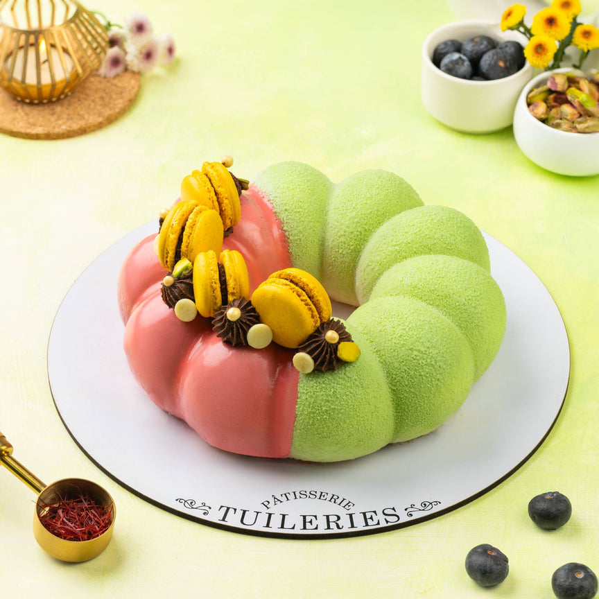 EGGLESS Diwali Celebration Entremet (Saffron-Pistachio-Berries)