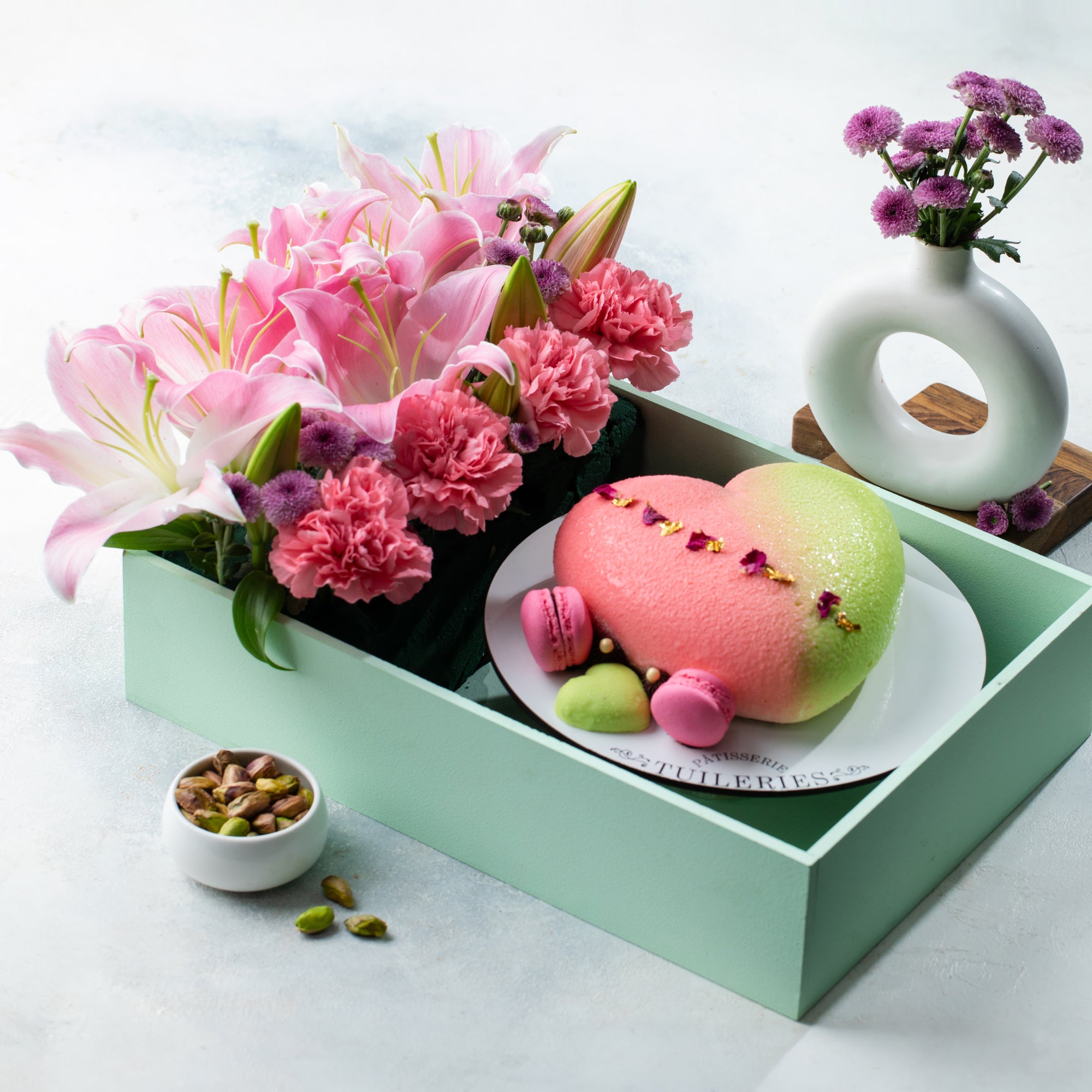 Tuileries Festive Love Cake and  Fresh Flowers Basket