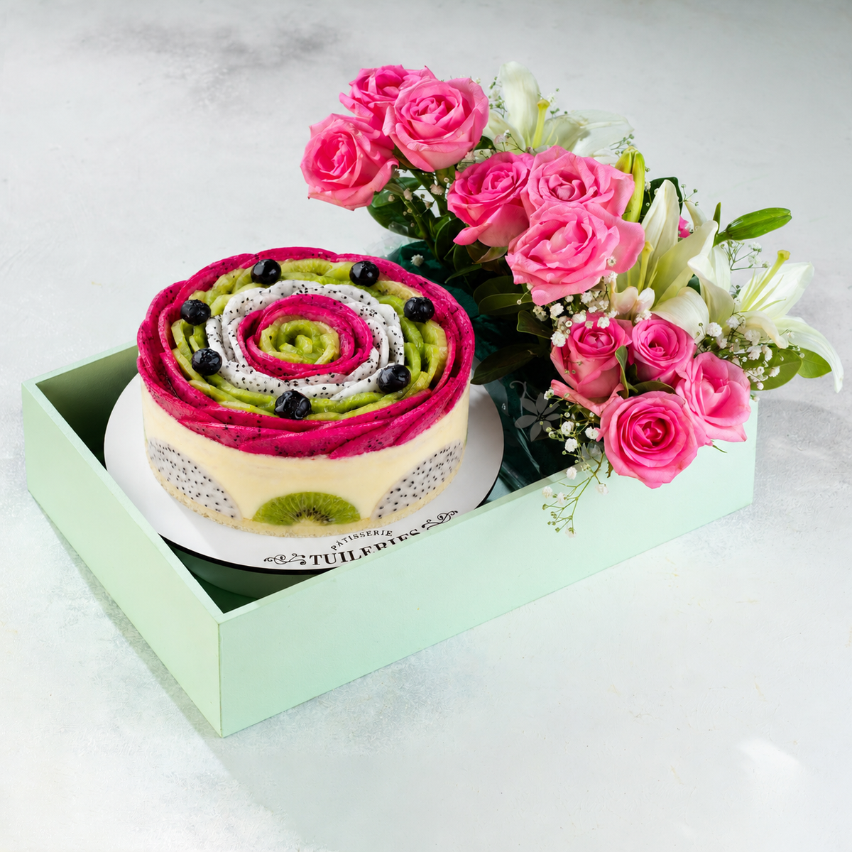 Fresh Fruit Cake and Fresh Flowers Basket