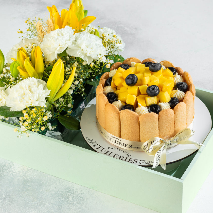 Summer Charlotte Cake and Fresh Flowers Basket