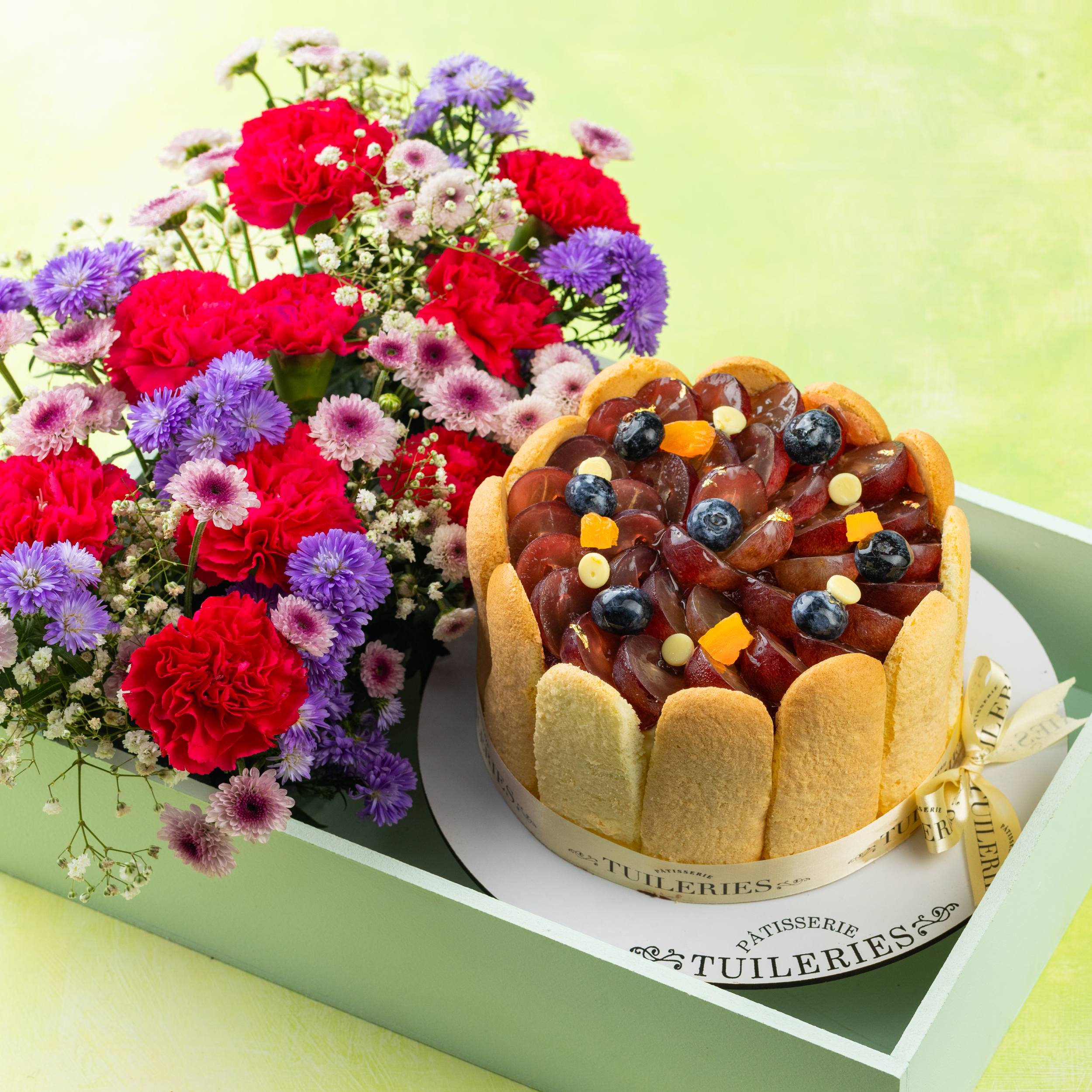 Fresh Fruit Charlotte Cake with Fresh Flower Basket