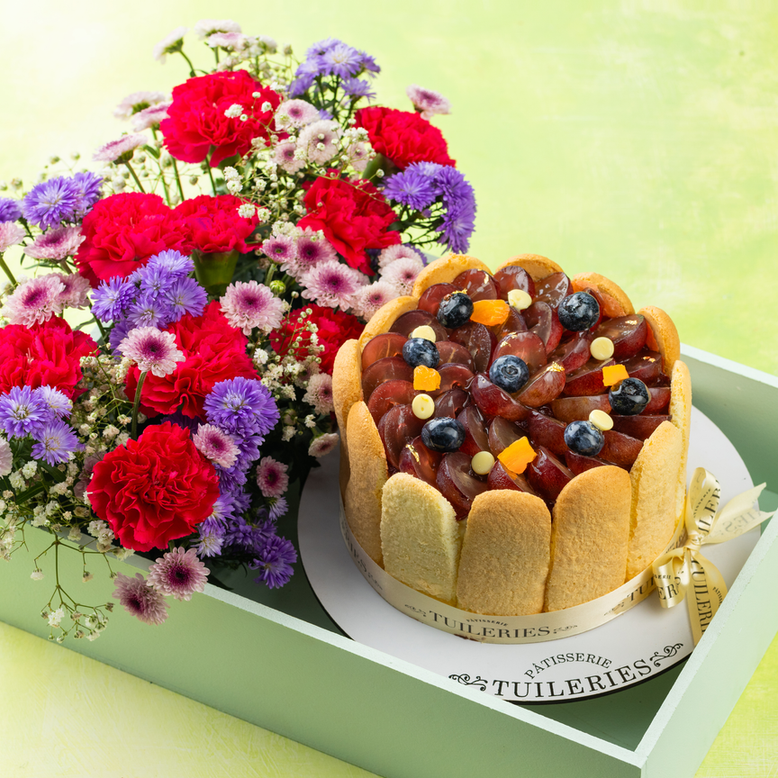 Fresh Fruit Charlotte Cake with Fresh Flower Basket