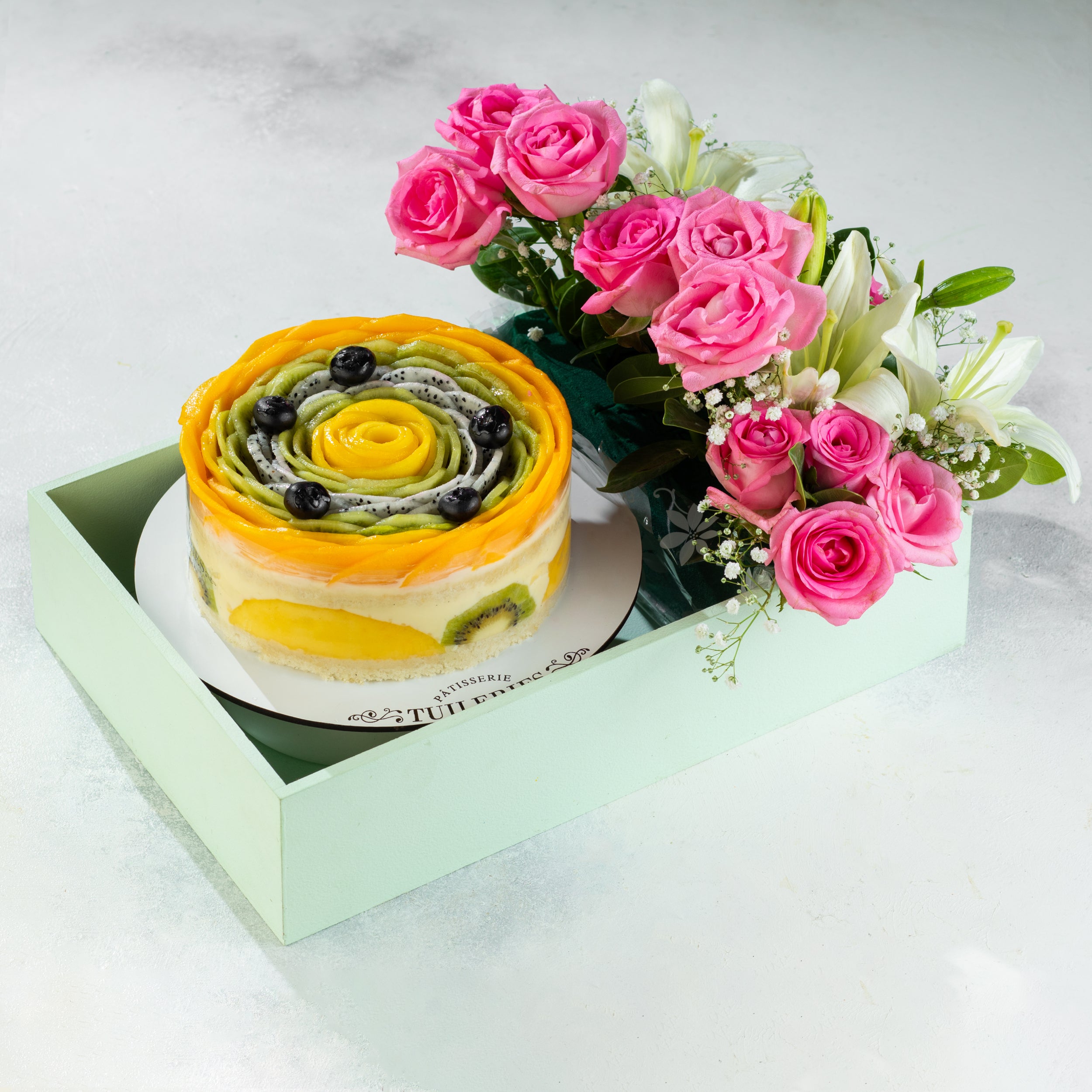 Summer Special: Fresh Fruit Cake and Fresh Flowers Basket